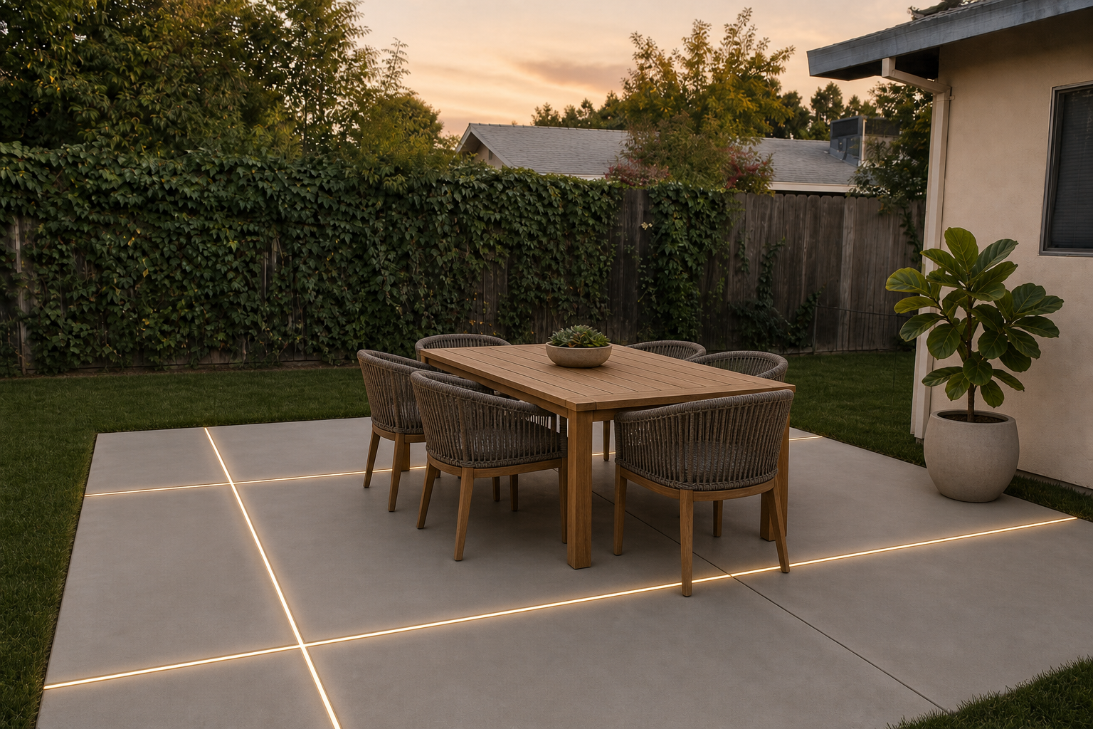 Modern poured-concrete patio with recessed LED inlays at dusk
