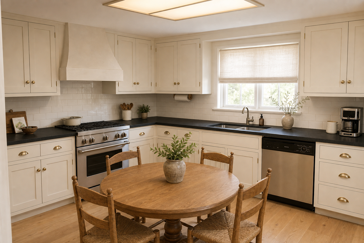 Cream shaker kitchen with plaster hood and soapstone counters