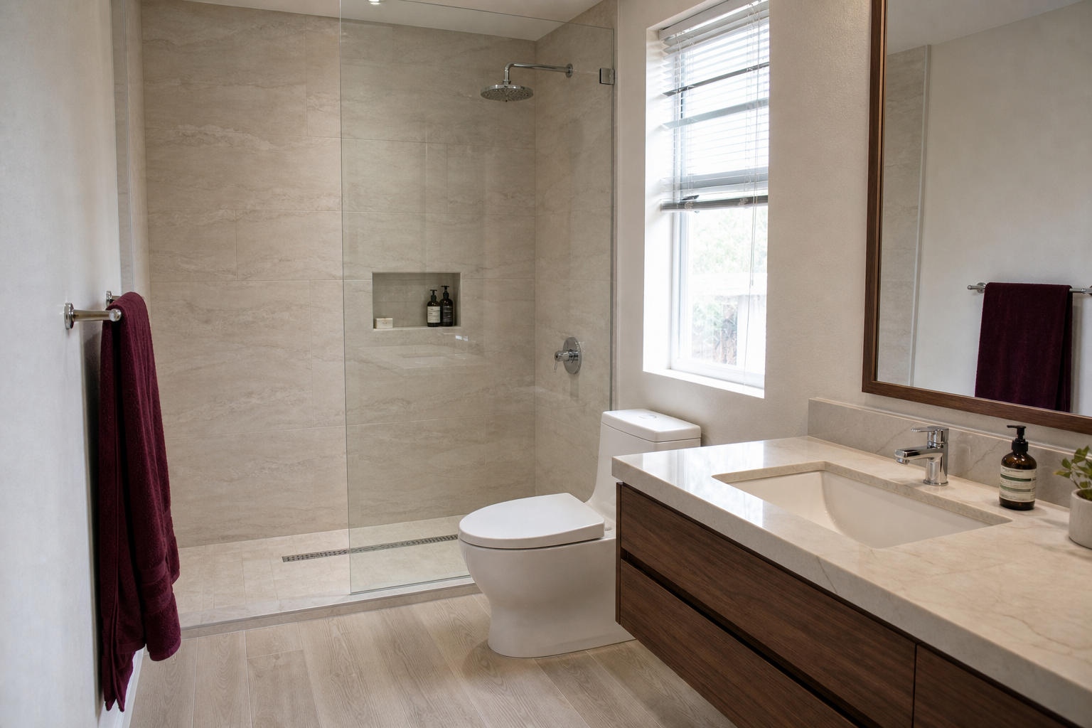 Modern walk-in shower remodel concept by Tanbark Build Co.