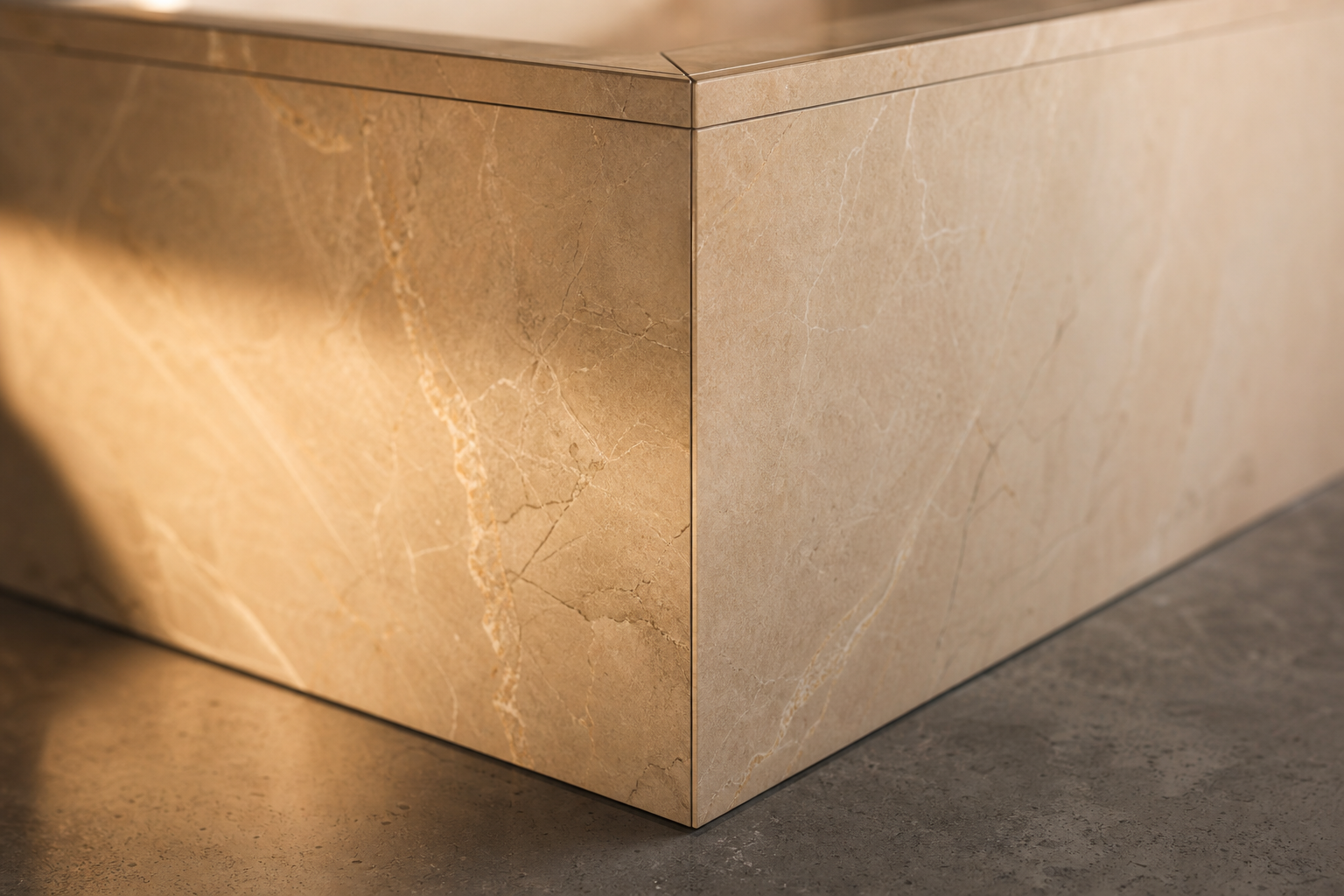 Mitered corner detail in large-format porcelain tile