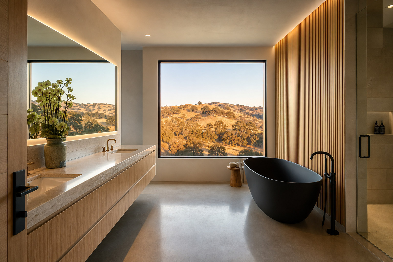 Spa bathroom with foothill view, freestanding tub, and oak slat wall in Folsom