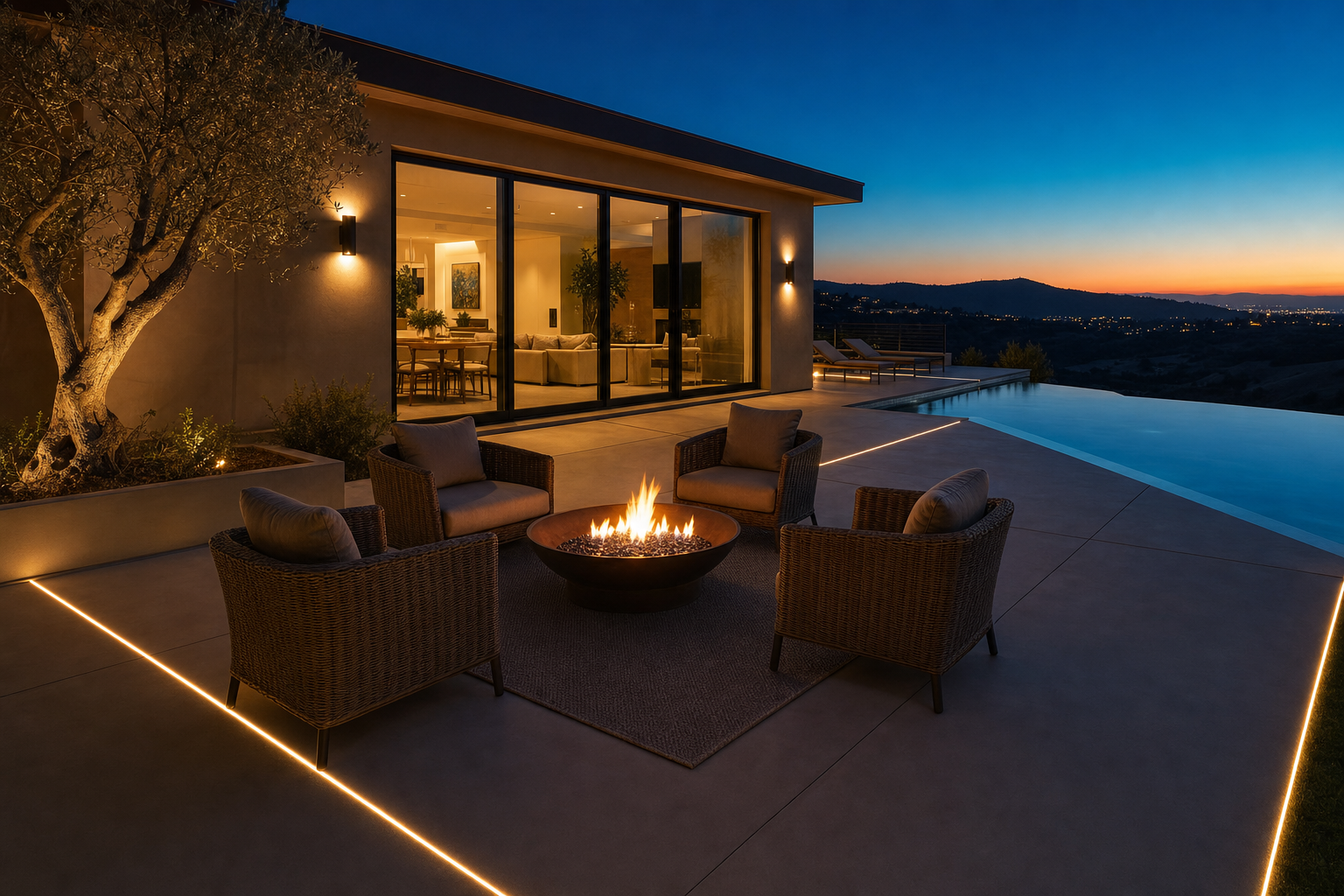 Decorative concrete patio with integrated LED channels and fire bowl at dusk in El Dorado Hills