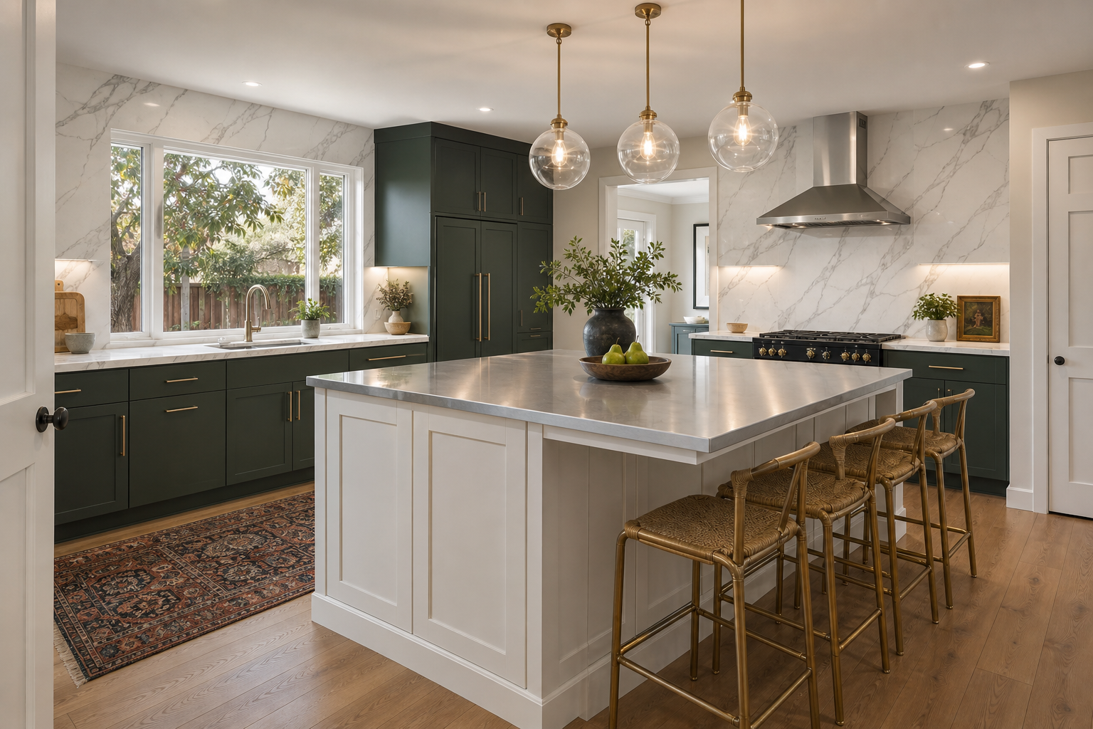 Forest-green galley kitchen · Carmichael