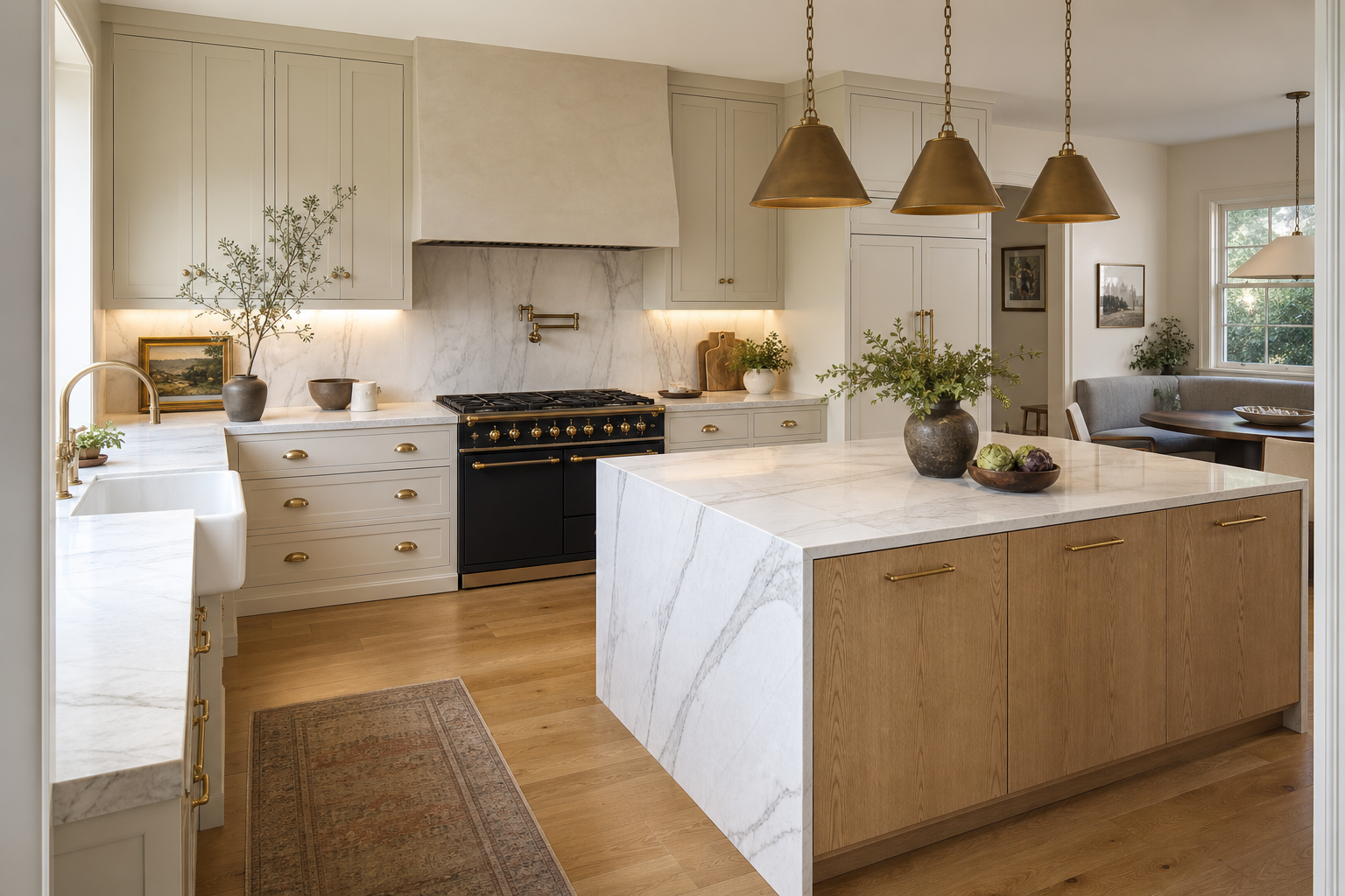 Transitional kitchen with white oak island and quartzite waterfall in Fair Oaks