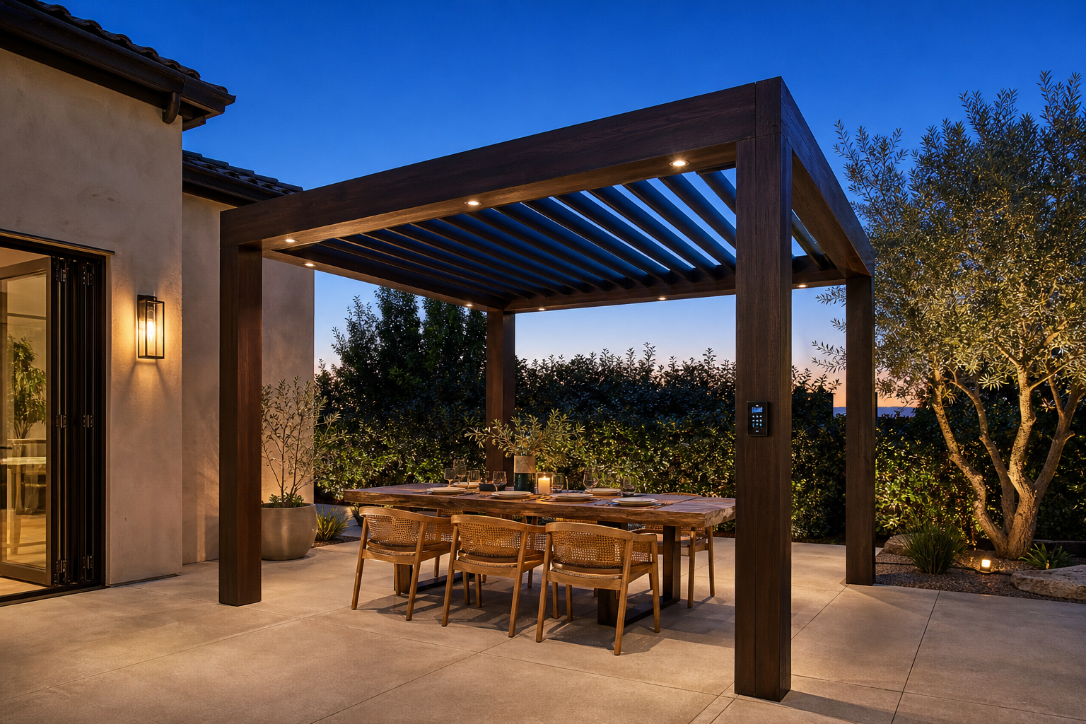 Custom dark-cedar pergola with motorized aluminum louvered roof in Loomis