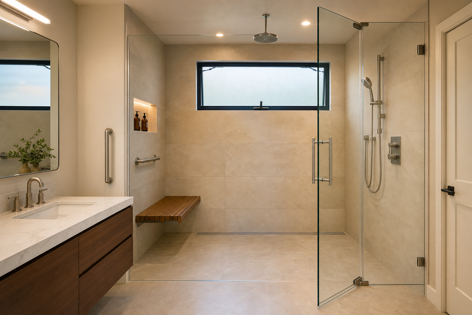 Modern walk-in shower with sandstone porcelain and frameless glass in Granite Bay