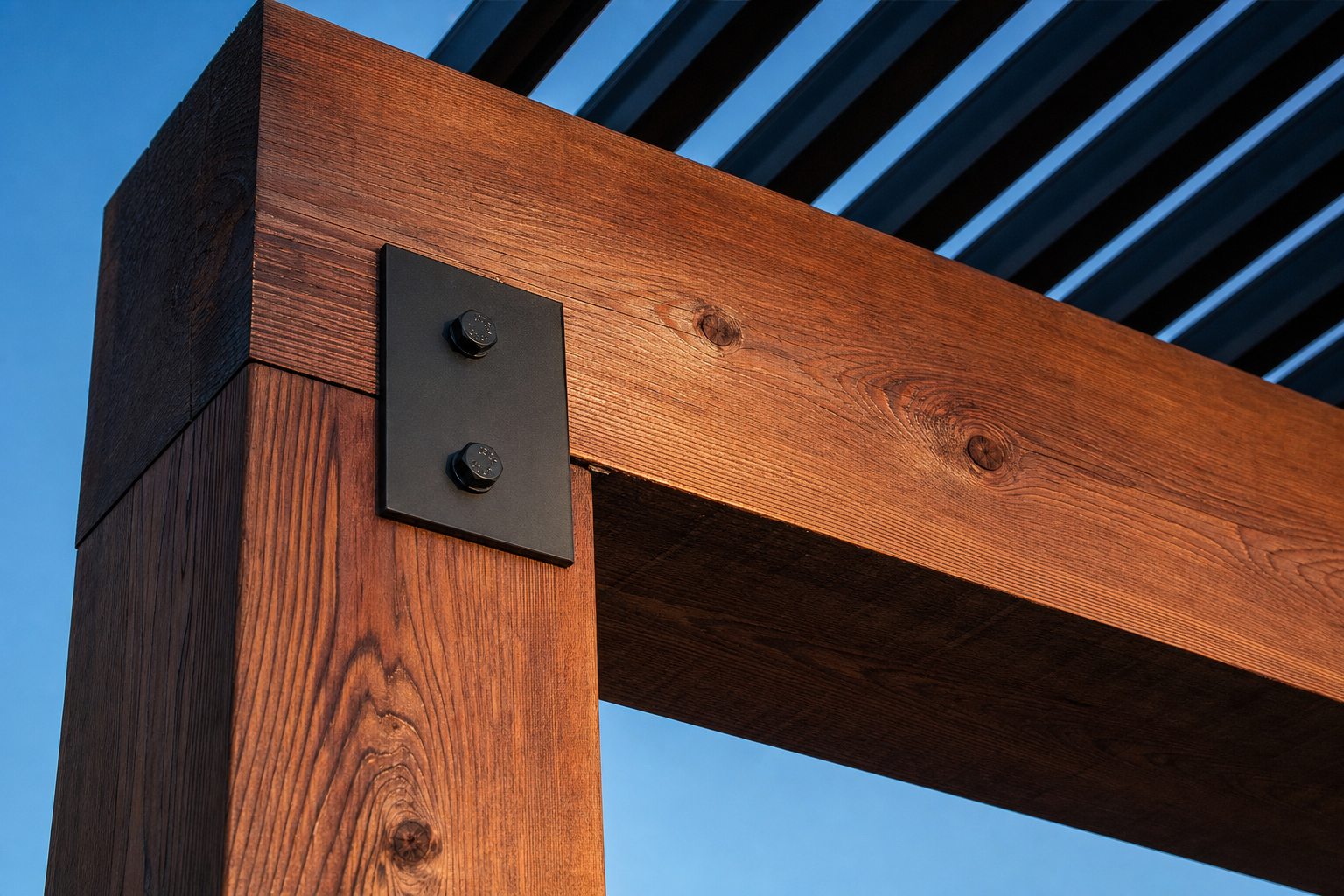 Steel-bracketed cedar joinery