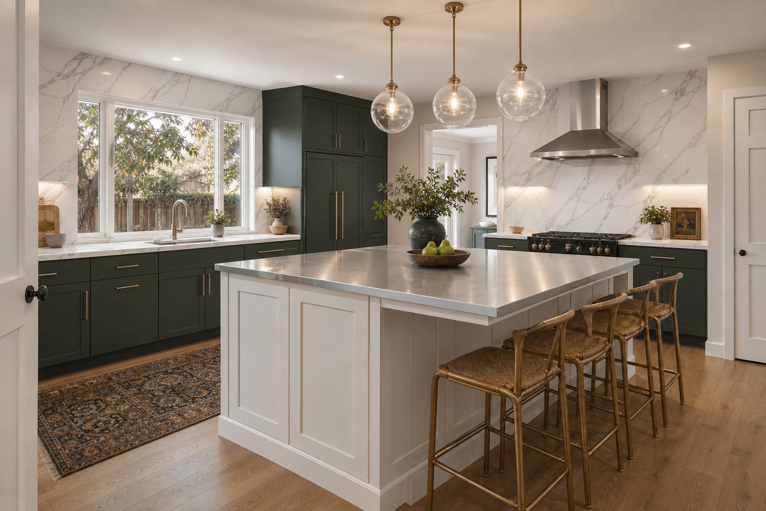 Forest-green kitchen with a white island and book-matched Calacatta marble backsplash in Carmichael